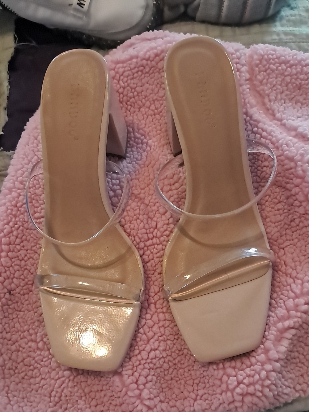 Clear Strap Block Heel Sandals - Nude